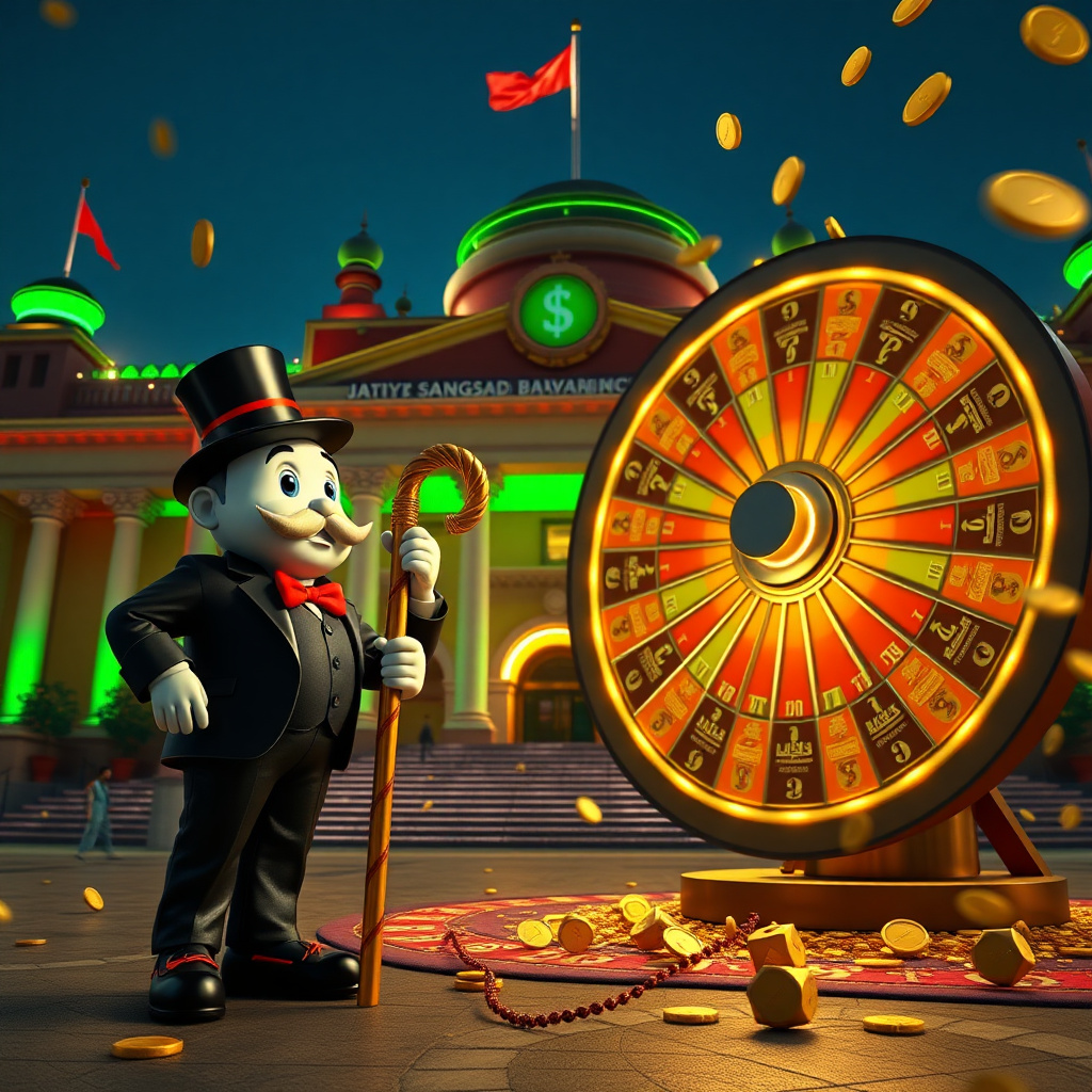Monopoly Live giant money wheel spinning in front of the Jatiya Sangsad Bhaban in Dhaka at night, Mr. Monopoly character with a golden cane, vibrant green and red neon lighting, flying golden coins and dice, cinematic 8k resolution, photorealistic --ar 16
